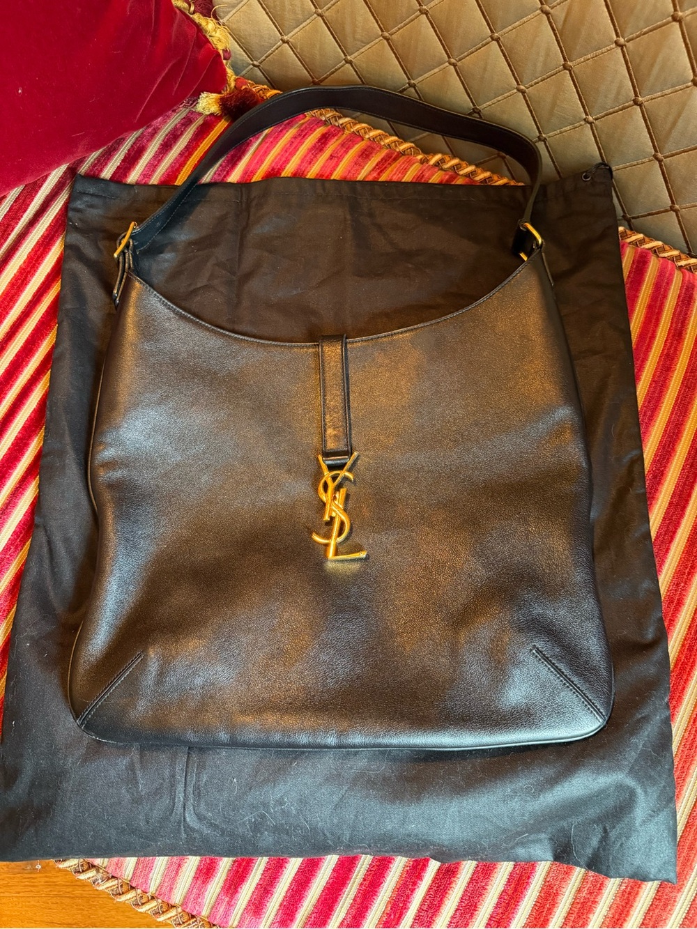 Saint Laurent Black Leather YSL Shoulder Hobo with Gold Logo